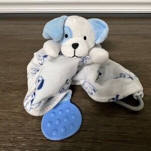 Modern Baby Puppy Dog Lovey Security Blanket Teether Blue‎ White Plush Toy